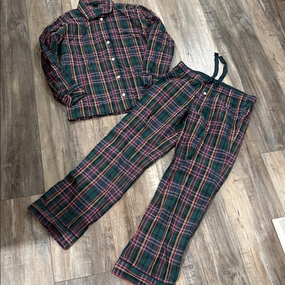 J Crew Womens Green Multi Color Plaid Cotton Pajama Set Size Small Top Pants
